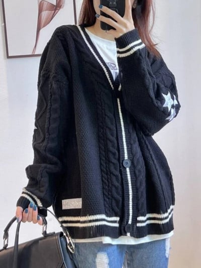 „Vintage Star“ siuvinėtas megztas megztinis moterims 2023 m. rudens mados V kaklo paltas ilgomis rankovėmis moteriškas Y2K retro stiliaus laisvas megztinis