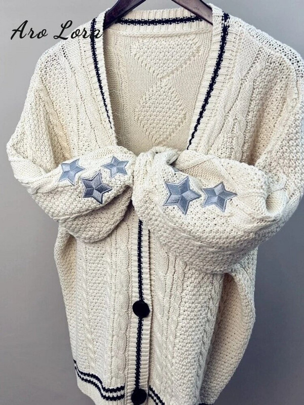„Vintage Star“ siuvinėtas megztas megztinis moterims 2023 m. rudens mados V kaklo paltas ilgomis rankovėmis moteriškas Y2K retro stiliaus laisvas megztinis