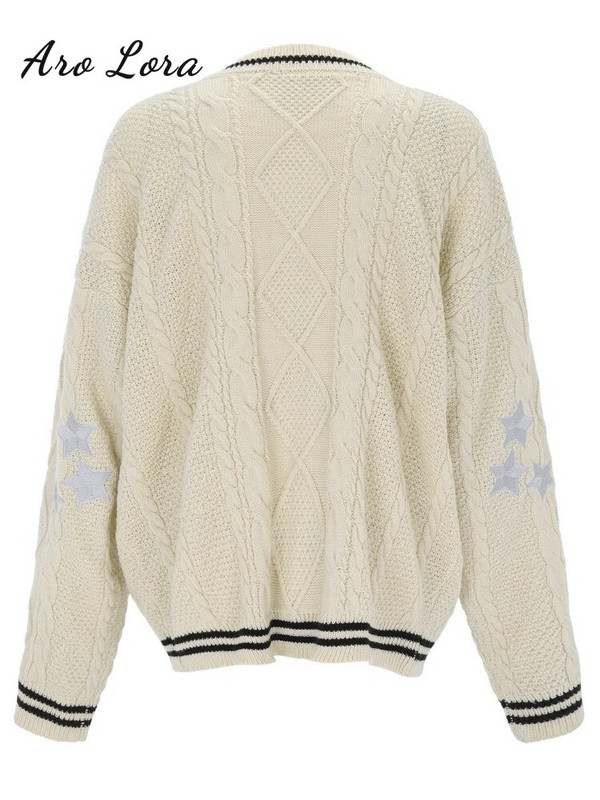 „Vintage Star“ siuvinėtas megztas megztinis moterims 2023 m. rudens mados V kaklo paltas ilgomis rankovėmis moteriškas Y2K retro stiliaus laisvas megztinis