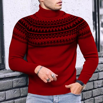 Slim Fit пуловери с висока яка Мъжки есен-зима ретро шарка с щампа с дълги ръкави за плетене на пуловери за мъжки моден пуловер