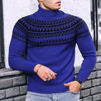Slim Fit пуловери с висока яка Мъжки есен-зима ретро шарка с щампа с дълги ръкави за плетене на пуловери за мъжки моден пуловер