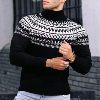 Ανδρικά πουλόβερ με ζιβάγκο σε λεπτή εφαρμογή Φθινοπωρινό, χειμερινό vintage μοτίβο με εμπριμέ μακρυμάνικο πλεκτό μπλουζάκι για ανδρικό πουλόβερ μόδας