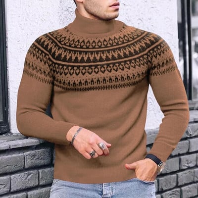 Pulovere cu guler slim fit pentru bărbați, toamnă iarnă, model vintage, imprimate cu mânecă lungă, pulover de tricotat, pentru bărbați, pulover de modă