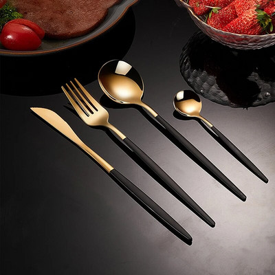 4 τμχ Μαύρη λαβή Χρυσή μαχαιροπίρουνα Σετ μαχαιροπήρουνα από ανοξείδωτο ατσάλι Πιρούνι κουτάλι Επιτραπέζια σκεύη Σετ Φεστιβάλ Δώρο σερβίτσιο κουζίνας
