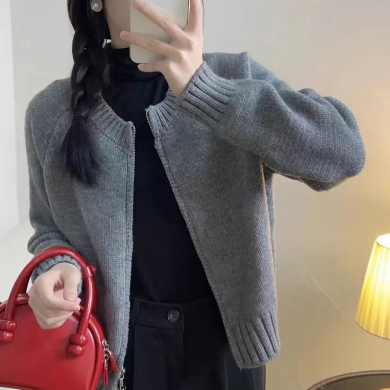 Μόδα γκρι φερμουάρ Casual Γυναικείο πουλόβερ Φθινόπωρο Χειμώνας Χύμα Ζακέτα Νέα Γυναικεία Κορεάτικη μακρυμάνικη πλεκτά ρούχα