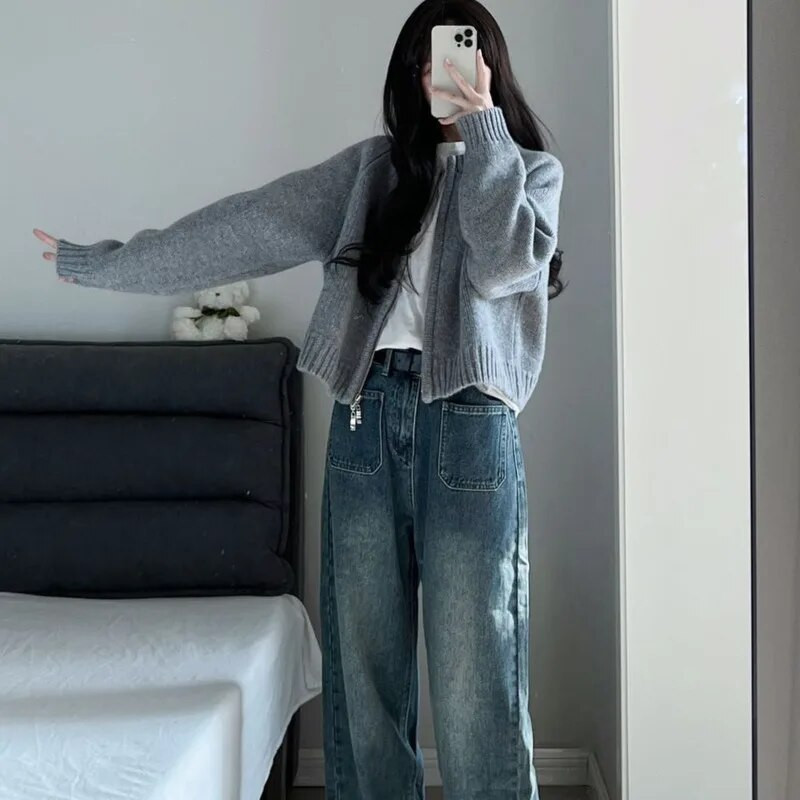 Μόδα γκρι φερμουάρ Casual Γυναικείο πουλόβερ Φθινόπωρο Χειμώνας Χύμα Ζακέτα Νέα Γυναικεία Κορεάτικη μακρυμάνικη πλεκτά ρούχα