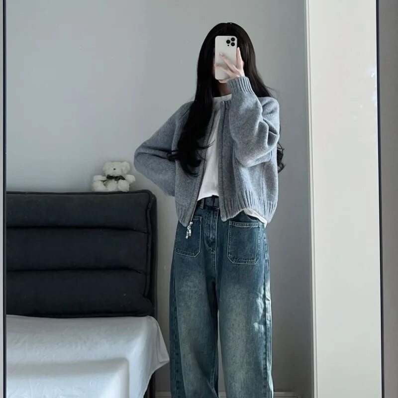 Μόδα γκρι φερμουάρ Casual Γυναικείο πουλόβερ Φθινόπωρο Χειμώνας Χύμα Ζακέτα Νέα Γυναικεία Κορεάτικη μακρυμάνικη πλεκτά ρούχα
