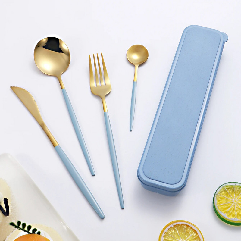 4 gab. Nerūsējošā tērauda trauki marca dragon color ir pārnēsājams uzvalks studentiem uzvalks steika nazis un dakša deserta karote