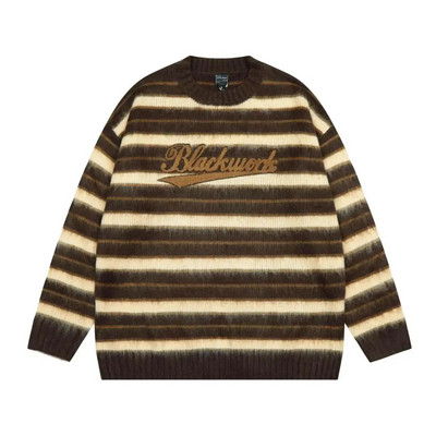 2023. gada amerikāņu vintage svītraini vīriešu džemperi ar burtu izšuvumu, vienkārši, brīvi, ar apaļu kaklu, rudens trikotāžas vīriešu džemperi, džemperi