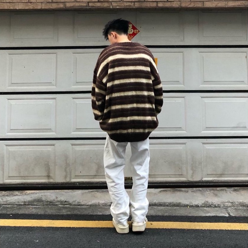 2023. gada amerikāņu vintage svītraini vīriešu džemperi ar burtu izšuvumu, vienkārši, brīvi, ar apaļu kaklu, rudens trikotāžas vīriešu džemperi, džemperi