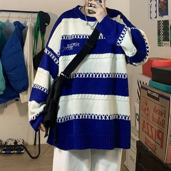 Klein Μπλε ριγέ πουλόβερ ανδρικό πουλόβερ με λαιμόκοψη σε O-λαιμόκοψη Χαλαρή, χαλαρή κορεάτικη μόδα Ανδρικό πουλόβερ χειμερινό πουλόβερ Oversize