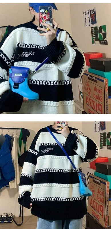 Klein zils svītrains džemperis vīriešu džemperis ar O veida kakla izgriezumu, niša brīvs ikdienas korejiešu modes vīriešu ziemas džemperis džemperis Liela izmēra