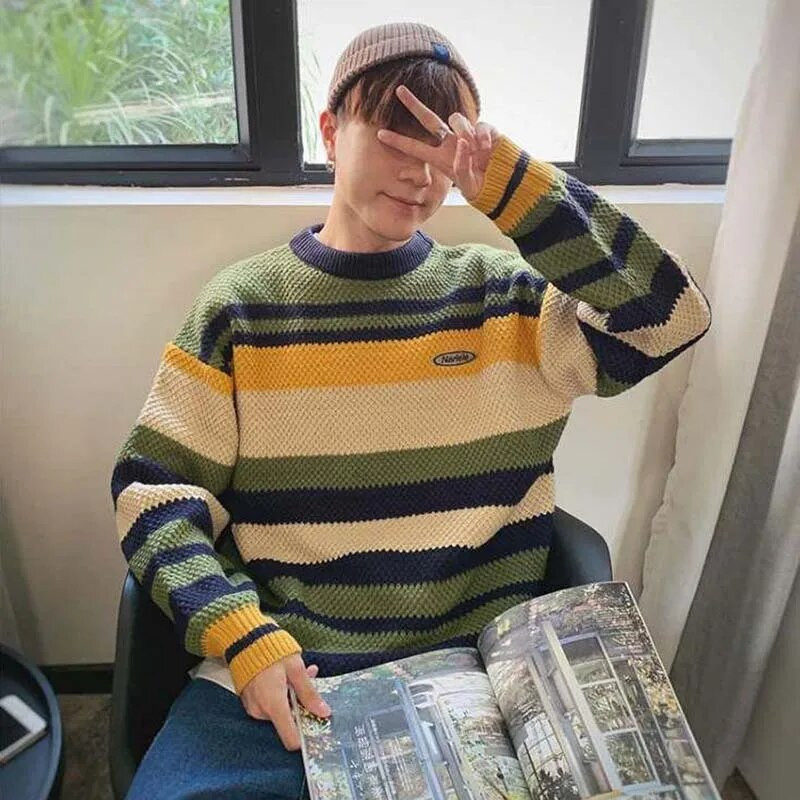 Vintage O kakla svītrains džemperis vīriešu apģērbs Harajuku korejiešu brīvs trikotāžas pulovers Rudens jauns japāņu sueter tops Homme džemperi