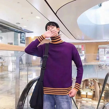 Пуловер с висока яка на райета Мъжки пуловери Корейски модни свободни трикотажни дрехи Есенни зимни дрехи Harajuku Плетени горнища Sueter Hombre