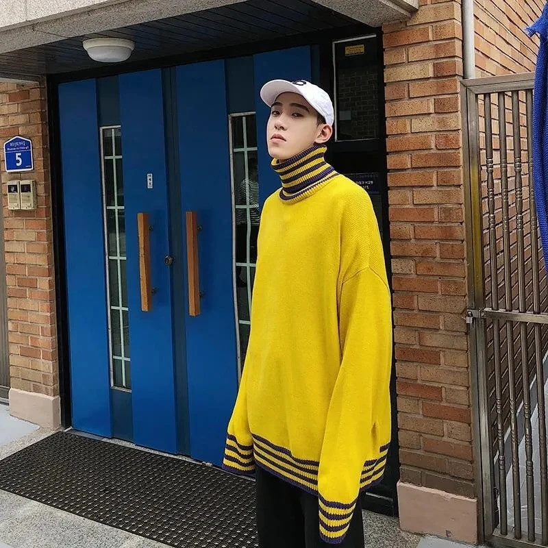 Dryžuotas megztinis su kaklu Vyriški megztiniai Korėjietiški mados Laisvi trikotažas Rudens žieminiai drabužiai Harajuku megzti viršūnės Sueter Hombre