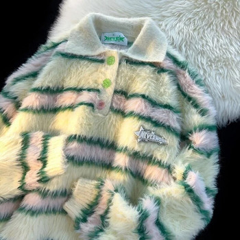 Мъжки пуловер от мохер на райета Поло яка Сладки меки пуловери с восъчен цвят Дамски копчета с дълги ръкави Сладки пуловери