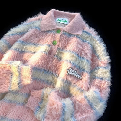 Vīriešu svītrains mohēras džemperis Polo apkakle, salda, mīksta vaska krāsas džemperi, sieviešu poga ar garām piedurknēm, mīļi džemperi