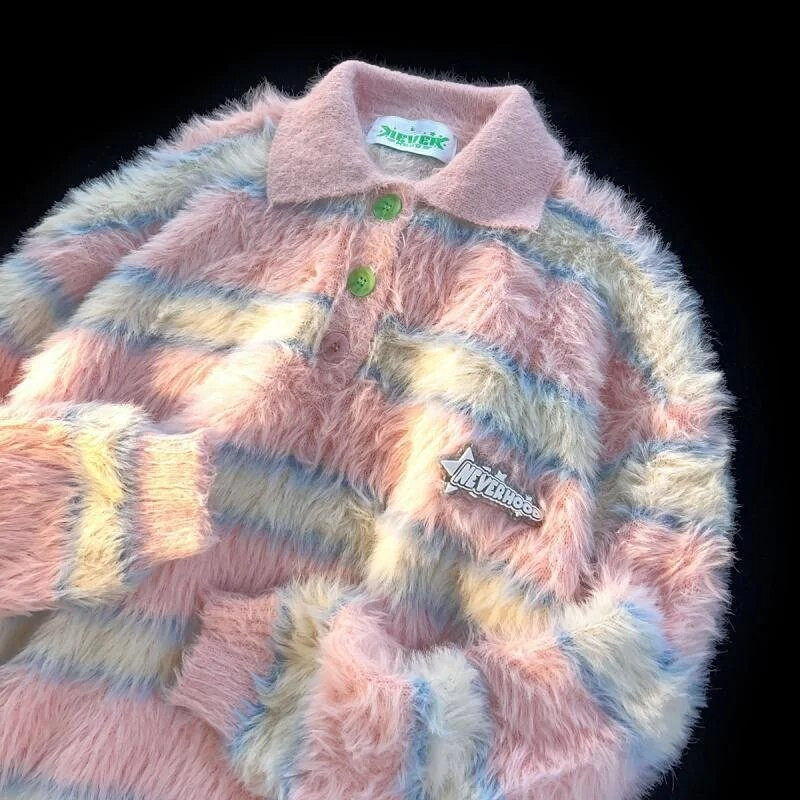 Vīriešu svītrains mohēras džemperis Polo apkakle, salda, mīksta vaska krāsas džemperi, sieviešu poga ar garām piedurknēm, mīļi džemperi