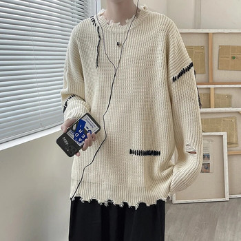 Ανδρικά πουλόβερ με ριγέ τρύπα High Street, χαλαρό, μακρυμάνικο πουλόβερ μόδας, πλέξιμο Harajuku All-match Youthful Vitality