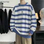 Dryžuoti megztiniai su O-kakleliu Vyriški Japonijos Studentai Mada Baggy Visiems tinka Hipster Žieminis Megztinis Trikotažo High Street Ulzzang Cool