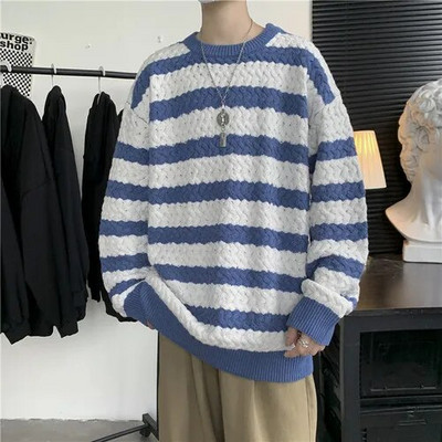 Dryžuoti megztiniai su O-kakleliu Vyriški Japonijos Studentai Mada Baggy Visiems tinka Hipster Žieminis Megztinis Trikotažo High Street Ulzzang Cool