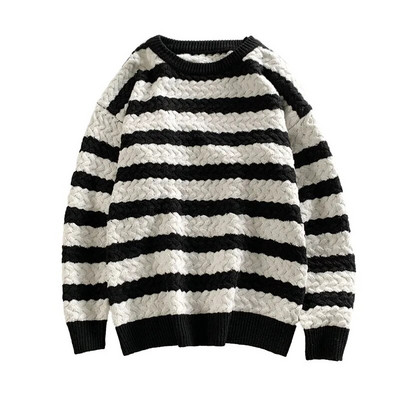 Dryžuoti megztiniai su O-kakleliu Vyriški Japonijos Studentai Mada Baggy Visiems tinka Hipster Žieminis Megztinis Trikotažo High Street Ulzzang Cool