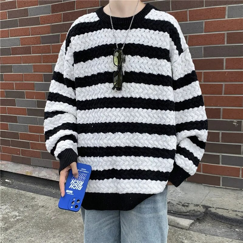 Dryžuoti megztiniai su O-kakleliu Vyriški Japonijos Studentai Mada Baggy Visiems tinka Hipster Žieminis Megztinis Trikotažo High Street Ulzzang Cool