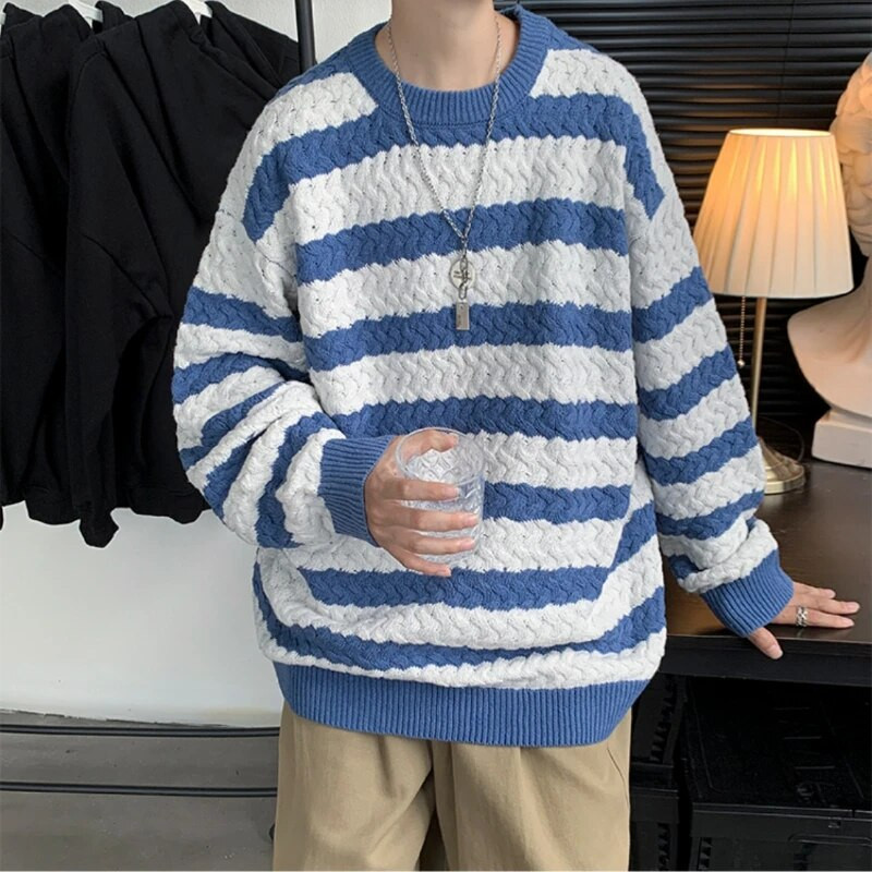 Dryžuoti megztiniai su O-kakleliu Vyriški Japonijos Studentai Mada Baggy Visiems tinka Hipster Žieminis Megztinis Trikotažo High Street Ulzzang Cool