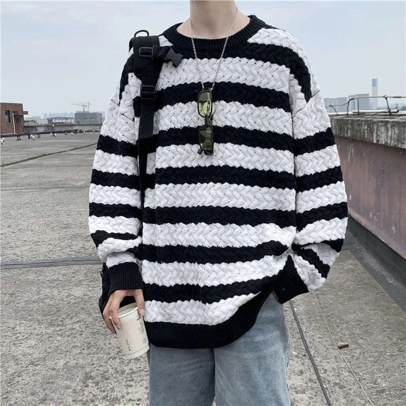 Dryžuoti megztiniai su O-kakleliu Vyriški Japonijos Studentai Mada Baggy Visiems tinka Hipster Žieminis Megztinis Trikotažo High Street Ulzzang Cool