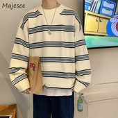 Ριγέ πουλόβερ Ανδρικά Χειμερινά Έφηβοι Φοιτητές Ulzzang Crewneck Όμορφα πλεκτά High Street Casual Fashion Ρούχα πουλόβερ Άνετο