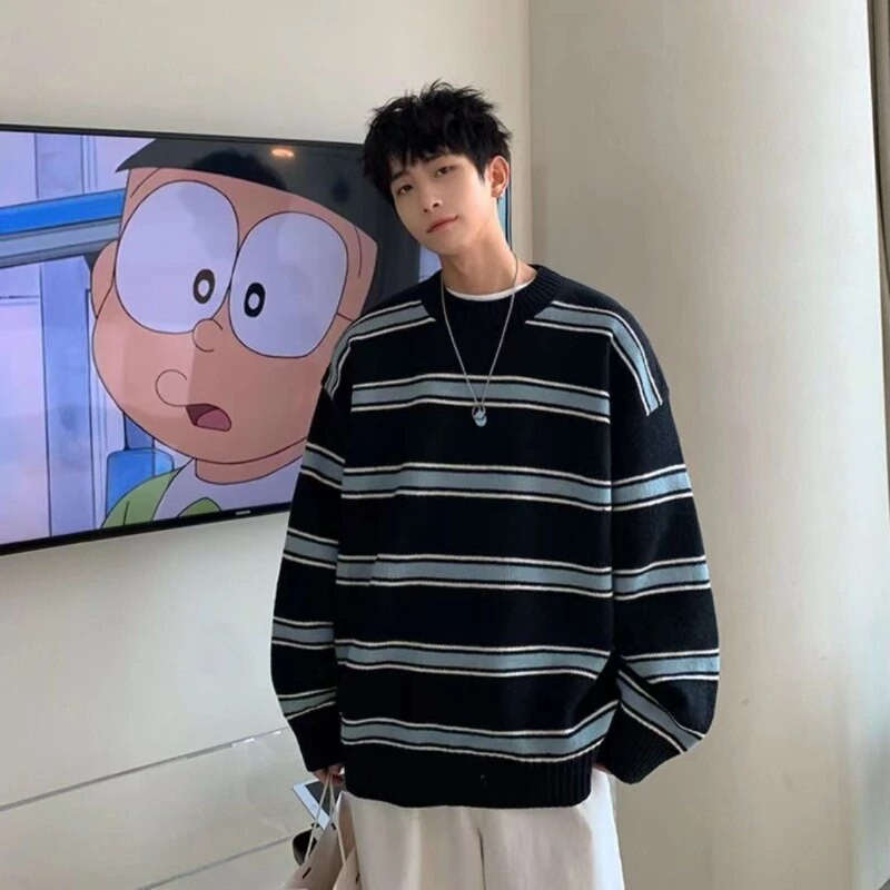 Ριγέ πουλόβερ Ανδρικά Χειμερινά Έφηβοι Φοιτητές Ulzzang Crewneck Όμορφα πλεκτά High Street Casual Fashion Ρούχα πουλόβερ Άνετο