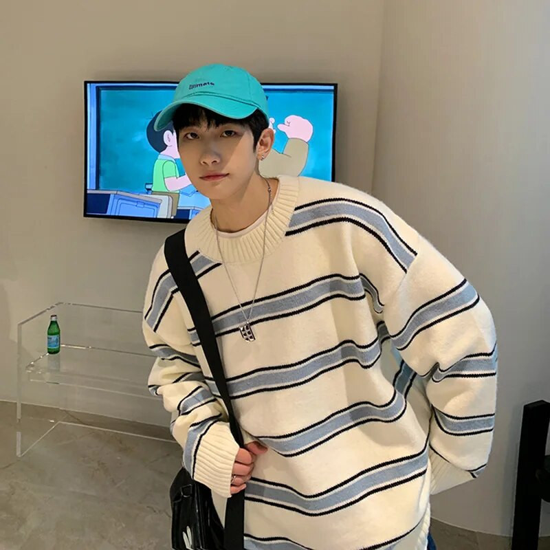 Ριγέ πουλόβερ Ανδρικά Χειμερινά Έφηβοι Φοιτητές Ulzzang Crewneck Όμορφα πλεκτά High Street Casual Fashion Ρούχα πουλόβερ Άνετο