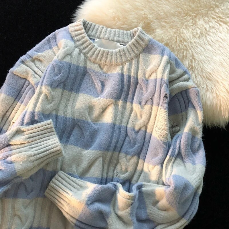 Ανδρικά πουλόβερ με ριγέ πουλόβερ με ριγέ με λαιμόκοψη Harajuku All-match Teens Hipster Streetwear Baggy Cool Kpop Kpop