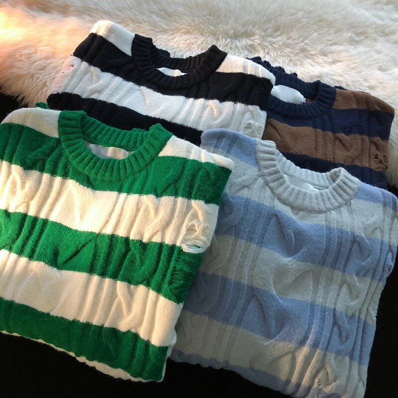 Ανδρικά πουλόβερ με ριγέ πουλόβερ με ριγέ με λαιμόκοψη Harajuku All-match Teens Hipster Streetwear Baggy Cool Kpop Kpop