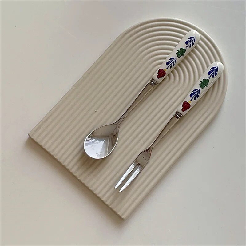 Retro gėlių keramikos rankena nerūdijančio plieno peilis šakutė šaukštas pietų desertas šaukštas šakutė Kavos šaukštas virtuvės stalo reikmenys