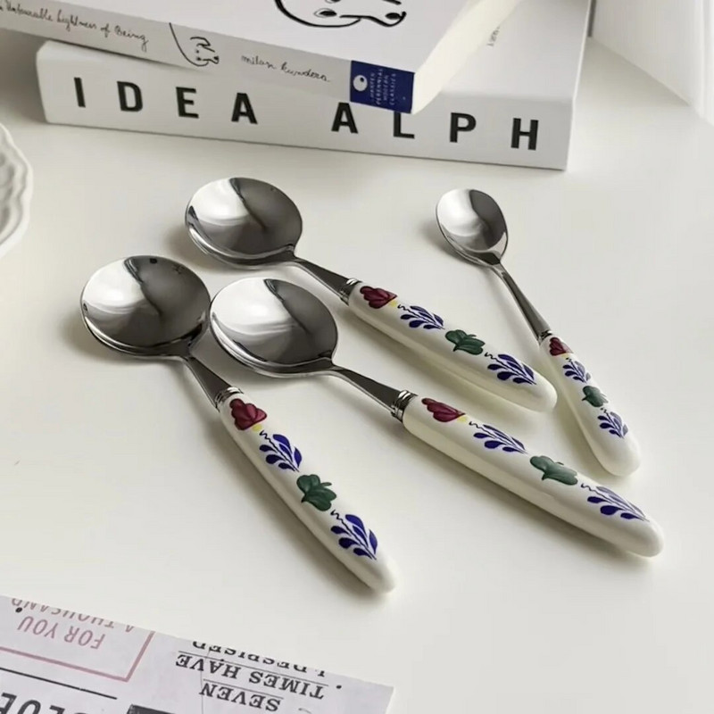 Retro gėlių keramikos rankena nerūdijančio plieno peilis šakutė šaukštas pietų desertas šaukštas šakutė Kavos šaukštas virtuvės stalo reikmenys