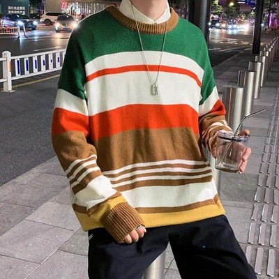 Džemperis Vīriešu Rudens Jaunums Svītrains Trikotāžas Brīvs Pāris Vispārpiemērots Vintage Students Varavīksnes Ielu apģērbs Silts Modes O veida kakla izgriezums
