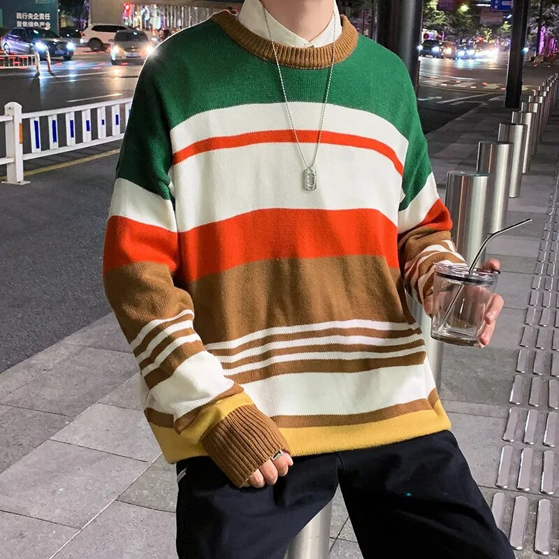 Džemperis Vīriešu Rudens Jaunums Svītrains Trikotāžas Brīvs Pāris Vispārpiemērots Vintage Students Varavīksnes Ielu apģērbs Silts Modes O veida kakla izgriezums