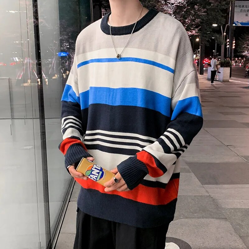 Džemperis Vīriešu Rudens Jaunums Svītrains Trikotāžas Brīvs Pāris Vispārpiemērots Vintage Students Varavīksnes Ielu apģērbs Silts Modes O veida kakla izgriezums