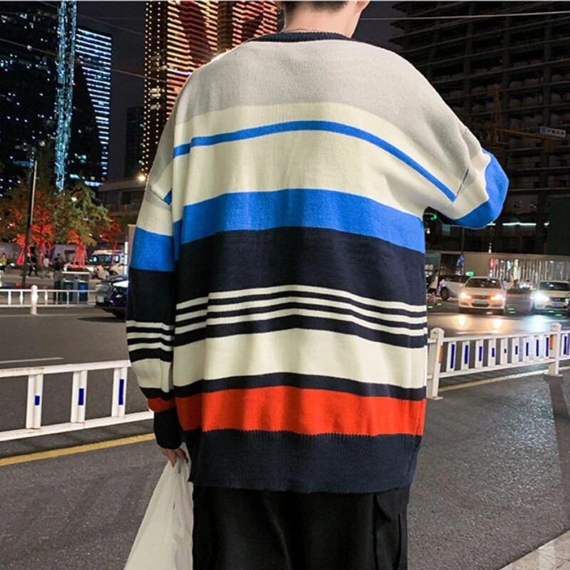 Džemperis Vīriešu Rudens Jaunums Svītrains Trikotāžas Brīvs Pāris Vispārpiemērots Vintage Students Varavīksnes Ielu apģērbs Silts Modes O veida kakla izgriezums