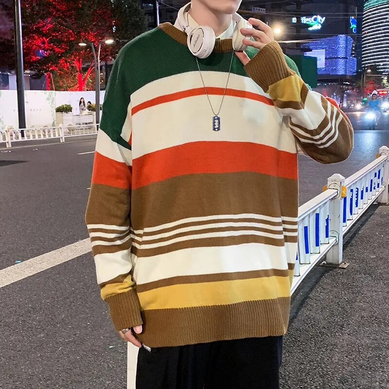 Džemperis Vīriešu Rudens Jaunums Svītrains Trikotāžas Brīvs Pāris Vispārpiemērots Vintage Students Varavīksnes Ielu apģērbs Silts Modes O veida kakla izgriezums