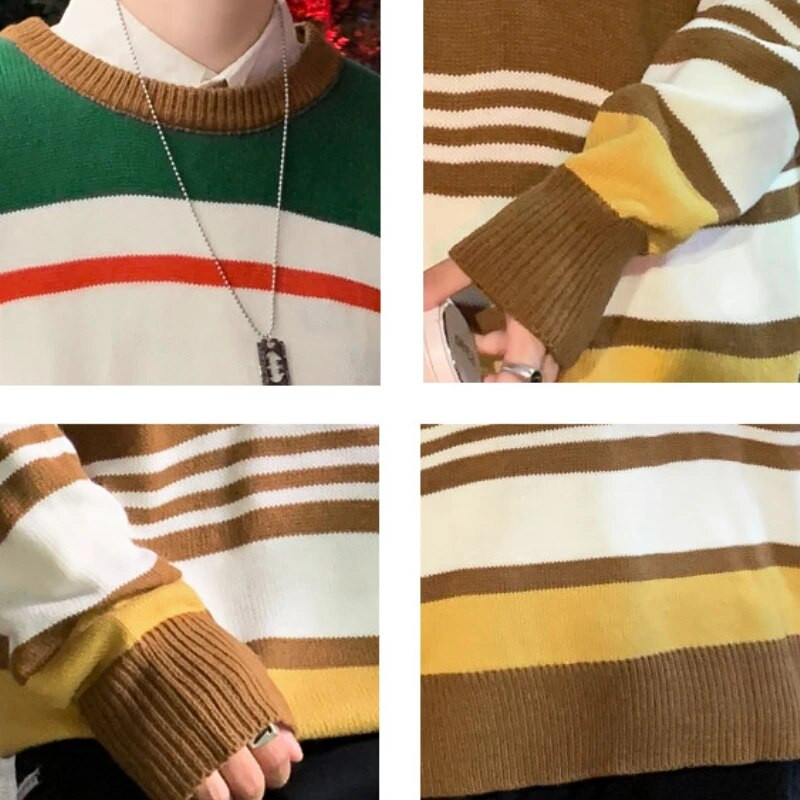 Džemperis Vīriešu Rudens Jaunums Svītrains Trikotāžas Brīvs Pāris Vispārpiemērots Vintage Students Varavīksnes Ielu apģērbs Silts Modes O veida kakla izgriezums