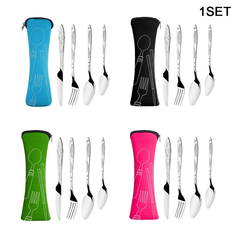 5 τμχ/σετ Πιρούνι κουταλιού με θήκη από ανοξείδωτο ατσάλι Ταξίδι Φορητό Οικογενειακό Σετ μαχαιροπήρουνων για πικ-νικ για υπαίθριο κάμπινγκ #