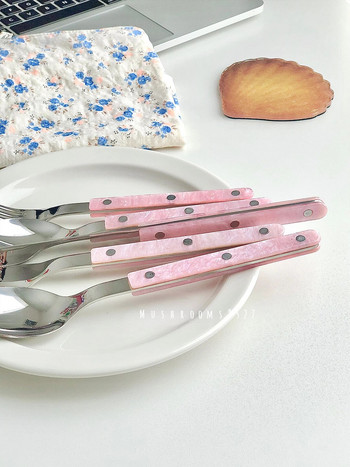 Корейски нож и вилица Лъжица Западен комплект прибори за хранене Pink Girl Heart 304 Десертна лъжица от неръждаема стомана Нож и вилица за основно хранене