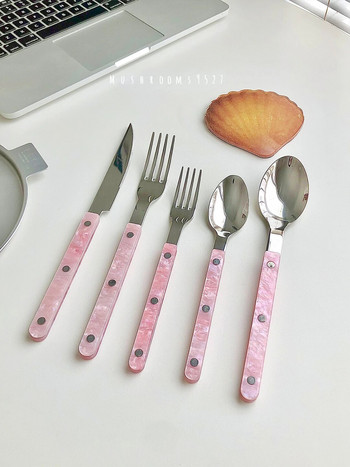 Корейски нож и вилица Лъжица Западен комплект прибори за хранене Pink Girl Heart 304 Десертна лъжица от неръждаема стомана Нож и вилица за основно хранене