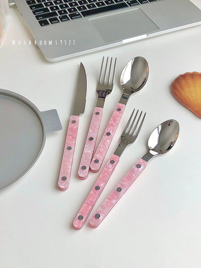 Корейски нож и вилица Лъжица Западен комплект прибори за хранене Pink Girl Heart 304 Десертна лъжица от неръждаема стомана Нож и вилица за основно хранене
