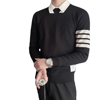 Πλεκτό πουκάμισο με μακρυμάνικο κάτω μέρος 2022 με λαιμόκοψη σε O casual ριγέ εμπριμέ Κορεάτικο πουλόβερ Streetwear πουλόβερ της δεκαετίας του \'90 Ανδρικά ρούχα