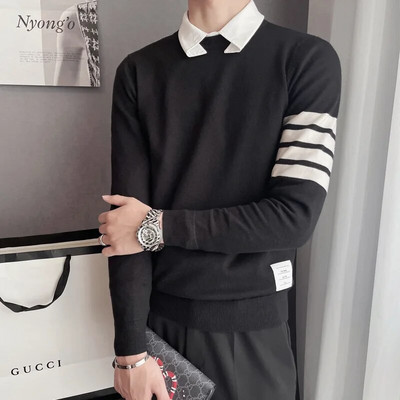 Ilgomis rankovėmis mezgami apatiniai marškinėliai, 2022 m. O formos iškirptė, laisvalaikio juostelėmis marginti korėjietiški 90-ųjų gatvės drabužiai, megztinis, megztinis, vyriški drabužiai