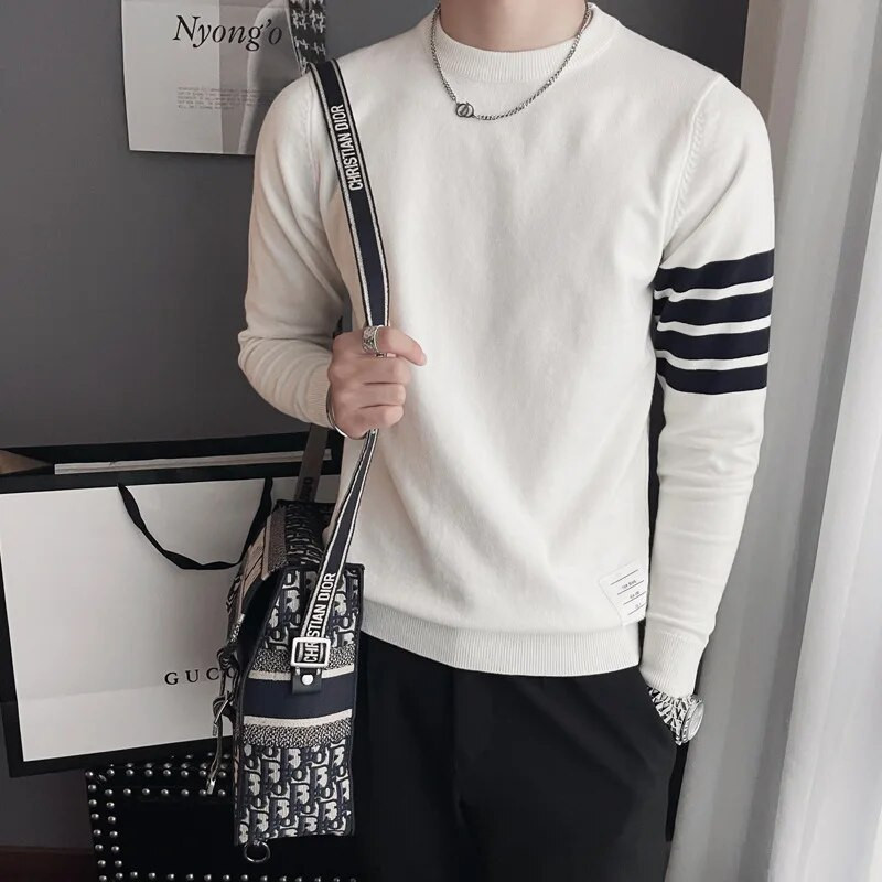 Ilgomis rankovėmis mezgami apatiniai marškinėliai, 2022 m. O formos iškirptė, laisvalaikio juostelėmis marginti korėjietiški 90-ųjų gatvės drabužiai, megztinis, megztinis, vyriški drabužiai