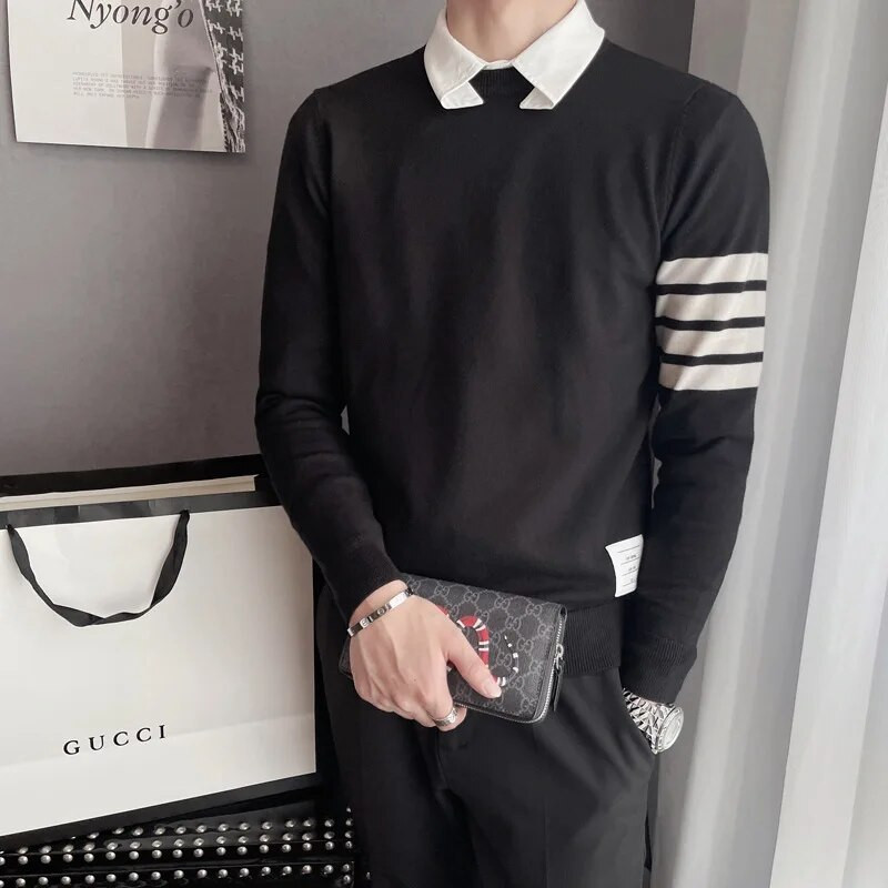 Ilgomis rankovėmis mezgami apatiniai marškinėliai, 2022 m. O formos iškirptė, laisvalaikio juostelėmis marginti korėjietiški 90-ųjų gatvės drabužiai, megztinis, megztinis, vyriški drabužiai